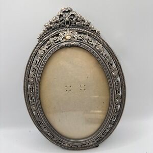 Vintage Ornate Silver Filigree Oval Picture Frame Faux Pearl Accent 9.5 Inch